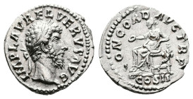 Lucius Verus, AD 161-169. AR Denarius (17.8 mm, 3.10 g.). Rome mint, AD 161. IMP L AVREL VERVS AVG, laureate, cuirassed bust to right. Rev. CONCORD – ...