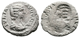 Julia Domna, AD 193-217. AR Denarius Brockage (18.6 mm, 2.64 g.). IVLIA AVGVSTA, draped bust of Julia Domna to right. Rev. Negative impression of the ...