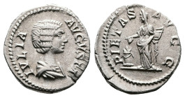 Julia Domna, AD 193-217. AR Denarius (18.4 mm, 3.53 g.). Rome mint, AD 196-211. IVLIA AVGVSTA, draped bust of Julia Domna to right. Rev. PIETAS AVGG, ...