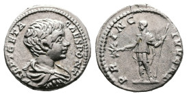 Geta, as Caesar, AD 198-209. AR Denarius (17.8 mm, 3.27 g.), Rome mint, AD 201-202. P SEPT GETA CAES PONT, bare-headed and draped bust of Geta to righ...