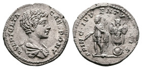 Geta, as Caesar, AD 198-209. AR Denarius (18.5 mm, 2.54 g.). Rome mint, AD 201-202. P SEPT GETA CAES PONT, bare-headed and draped bust of Geta to righ...