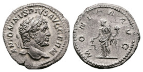 Caracalla, AD 198-217. AR Denarius (19.3 mm, 3.06 g.). Rome mint, AD 213. ANTONINVS - PIVS FEL AVG, laureate bust of Caracalla to right. Rev. MONETA A...