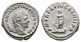 Caracalla, AD 198-217. AR Denarius (18.5 mm, 2.88 g.). Rome mint, AD 215. ANTONINVS PIVS AVG GERM, laureate bust of Caracalla to right. Rev. P M TR P ...