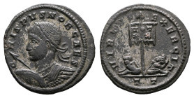 Crispus, 317-326. Bronze Follis (20 mm. 2,33 g.). Ticinum. CRISPVS NOB CAES, laureate and cuirassed bust of Crispus left, holding spear pointing forwa...