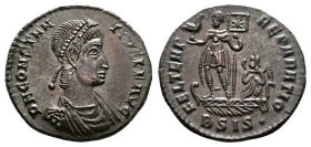 Constantius II, 337-361. Bronze Centenionalis (23 mm, 5.42 g.) Siscia, AD 348-350. D N CONSTANTIVS P F AVG Pearl-diademed, draped and cuirassed bust o...