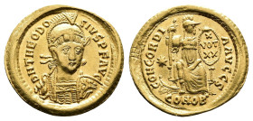 Theodosius II, 402-450. Gold Solidus (22mm, 4.41 g.). Constantinople mint. Struck AD 411. DN THEODOSIVS PF AVC Pearl-diademed, draped, and cuirassed b...