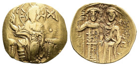 John III Ducas-Vatatzes, 1222-1254. Gold Hyperpyron. (22,6 mm, 3.31 g.). Magnesia mint. Christ, nimbate, seated facing on throne, wearing tunic and pa...