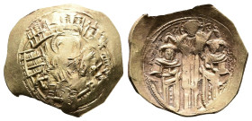 Andronicus II Palaeologus, with Michael IX, 1282-1328. Electrum, Hyperpyron (25 mm, 4.0 g.), Constantinopolis. Bust of Virgin Mary, orans, flanked by ...
