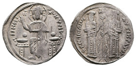 Andronicus II Palaeologus, with Michael IX, 1282-1328 AD. AR Basilikon (21,7 mm, 2.13 g.), Constantinopolis, 1304- 1320 AD. KVPIE BOH[ΘEI] Christ, nim...
