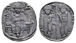Stefan Uroš II Milutin 1282-1321. Silver Dinar (Grosso) (19 mm. 2,0 g.) IC - XC. Christ Pantokrator seated facing on throne. Rev. S STЄFAN VROSIVS / R...
