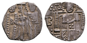 Stefan Uros II Milutin, king, 1282-1321. Silver Denar (15 mm, 1.0 g). [VROSIVS RЄX [S STЄFAN] Stefan Uroš II standing facing on the left, holding akak...