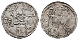 Stefan Uros IV Dusan 1346-1355. Silver Dinar (20 mm, 1.24 g.). King Stephan standing holding, holding long cross between two monograms СФb ZP (Stefan ...