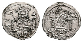Stefan Uros IV Dusan 1346-1355. Silver Half Dinar (16 mm, 0,69 g.). IC-XC Christ Pantocrator thoned, frontal. Rev. King Stefan throned, holding long c...