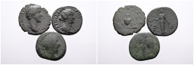 Roman Imperial, Selection of Three Bronze Asses of Marcus Aurelius as Caesar (with the Jug between knife and aspergillum on the left and lituus and si...