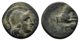 KINGS of THRACE.Lysimachos.(305-281 BC). Ae.

Obv : Head of Athena to right, wearing crested Attic helmet.
Rev : ΒΑΣΙΛΕΩΣ ΛΥΣΙΜΑΧΟΥ.
Forepart of a...