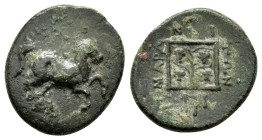 THRACE. Maroneia. (Circa 398/97 - 348/47 BC). Ae

Obv: Prancing horse right; monogram below.
Rev: MAPONITΩΝ.
Four bunches of grapes in linear squa...