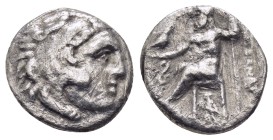 KINGS OF MACEDON. Alexander III 'the Great' (336-323 BC). Drachm. Lampsakos.

Obv: Head of Herakles right, wearing lion skin.
Rev: AΛEΞANΔPOY.
Zeu...