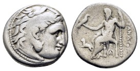 KINGS of MACEDON. Alexander III The Great.(336-323 BC). Magnesia ad Maeandrum. Drachm.

Obv : Head of Herakles right, wearing lion skin.
Rev : AΛEΞ...
