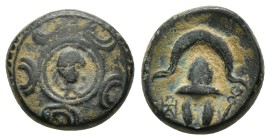 KINGS of MACEDON. Alexander III.The Great.(336-323 BC).AE. Sardes

Obv : Macedonian shield; boss decorated with head of Herakles facing slightly rig...