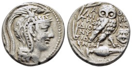 ATTICA. Athens. Tetradrachm (130-129 BC). New Style Coinage. Niketes, Dionysios and Embi-, magistrates.

Obv: Helmeted head of Athena right, helmet ...