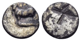 BITHYNIA. Kalchedon. (Circa 340-320 BC).Trihemiobol.

Obv : Bull standing left, grain ear below.
Rev : KA.
Quadripartite incuse square of mill sai...