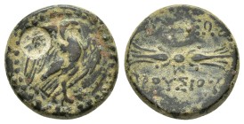 KINGS of BITHYNIA.Nikomedeia. Prusias II. 182-149 BC.AE Bronze.

Obv : Eagle standing right, with wings spread.
Rev : BAΣIΛEΩΣ ΠΡΟYΣIOY, thunderbol...