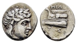 BITHYNIA.Kios.(circa 350-300 BC).Hemidrachm.

Obv : Laureate head of Apollo right.
Rev : ΜΙΛ above, ΤOΣ below.
Prow of galley to left decorated wi...