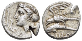 PAPHLAGONIA. Sinope. Drachm (Circa 330-300 BC). Agreos, magistrate.

Obv: Head of nymph left, with hair in sakkos.
Rev: AΓPEΩΣ.
Sea-eagle standing...