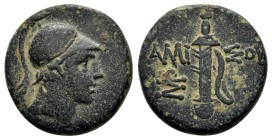 PONTOS. Amisos.(Circa 111-105 or 95-90 BC). Struck under Mithradates VI Eupator.Ae.

Obv : Helmeted head of Ares right.
Rev : AMI - ΣOV.
Sword in ...