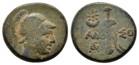 PONTOS. Amisos.(Circa 111-105 or 95-90 BC). Struck under Mithradates VI Eupator.Ae.

Obv : Helmeted head of Ares right.
Rev : AMI - ΣOV.
Sword in ...