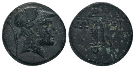 PONTOS.Amisos.Time of Mithradates VI.(Circa 111-90 BC).Ae.

Obv : Helmeted head of Ares to right.
Rev : AMIΣOY.
Sword in sheath; star with crescen...