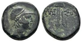 PONTOS.Amisos.Time of Mithradates VI.(Circa 111-90 BC).Ae.

Obv : Helmeted head of Ares to right.
Rev : AMIΣOY.
Sword in sheath; star with crescen...