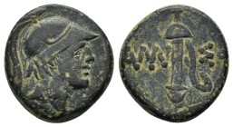 PONTOS.Amisos.Time of Mithradates VI.(Circa 111-90 BC).Ae.

Obv : Helmeted head of Ares to right.
Rev : AMI-ΣOY.
Sword in sheath.
SNG BM Black Se...