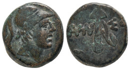 PONTOS.Amisos.Time of Mithradates VI.(Circa 111-90 BC).Ae.

Obv : Helmeted head of Ares to right.
Rev : AMI-ΣOY.
Sword in sheath.
SNG BM Black Se...