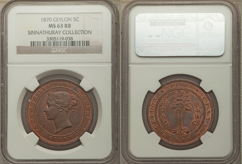 British Colony. Victoria 5 Cents 1870 MS63 Red and Brown NGC, KM93. Charmingly j...