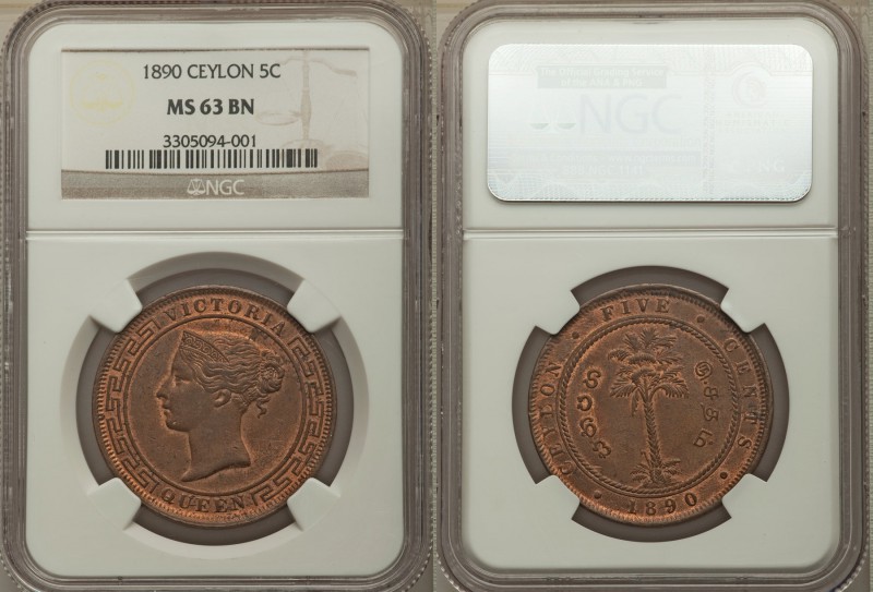 British Colony. Victoria 5 Cents 1890 MS63 Brown NGC, KM93. Alluring highlights ...