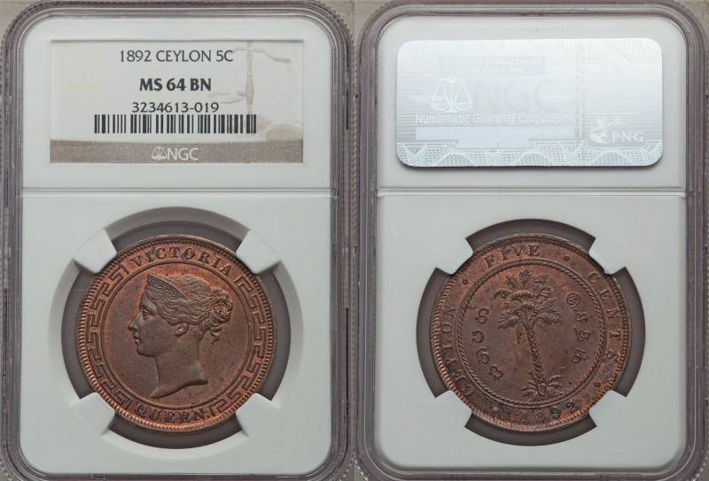 British Colony. Victoria 5 Cents 1892 MS64 Brown NGC, KM93. Fully original surfa...
