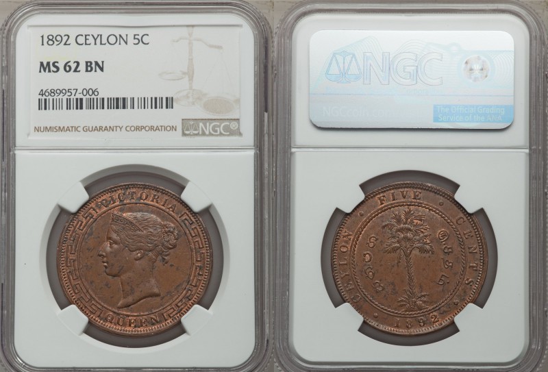 British Colony. Victoria 5 Cents 1892 MS62 Brown NGC, KM93. A highly attractive ...