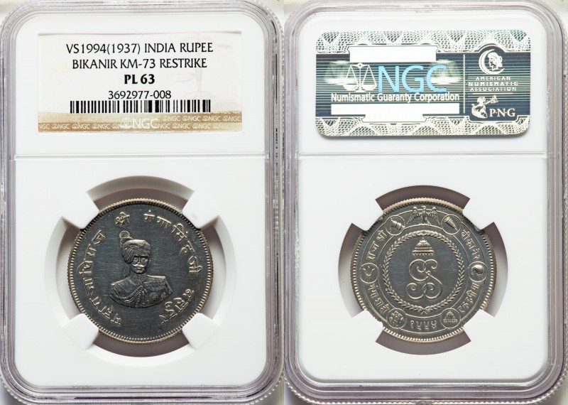Bikanir. Ganga Singh silver Prooflike Restrike Rupee VS 1994 (1937) PL63 NGC, KM...