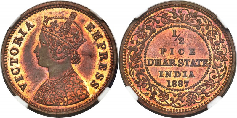 Dhar. Anand Rao III Proof 1/2 Pice 1887 PR64 Red and Brown NGC, KM12. An utter d...