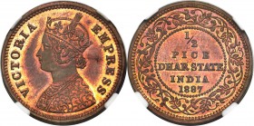 Dhar. Anand Rao III Proof 1/2 Pice 1887 PR64 Red and Brown NGC, KM12. An utter delight to behold, the present specimen boasts a captivating pairing of...