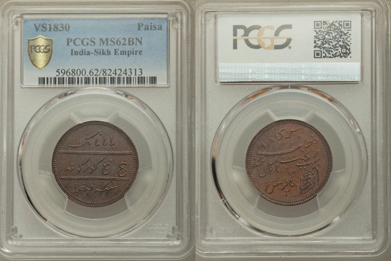 Sikh Empire. Pseudo-Sikh Pattern or Token Paisa 1830 MS62 Brown PCGS, KM-X1. An ...