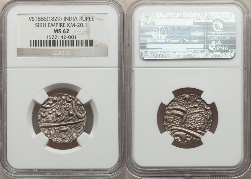 Sikh Empire Rupee VS 1886 (1829) MS62 NGC, KM20.1. Lightly toned with good detai...
