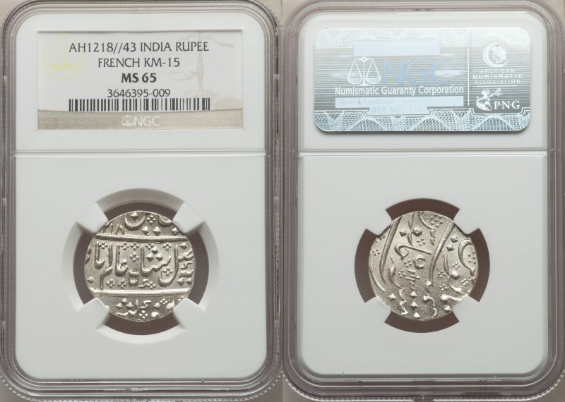French India. Arcot Rupee AH 1218 Year 43 (1844/5) MS65 NGC, KM15. A blast white...