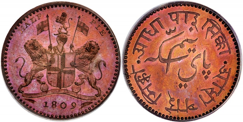 British India. Bengal Presidency copper Proof Pattern 1/2 Pie 1809 PR64 Brown PC...