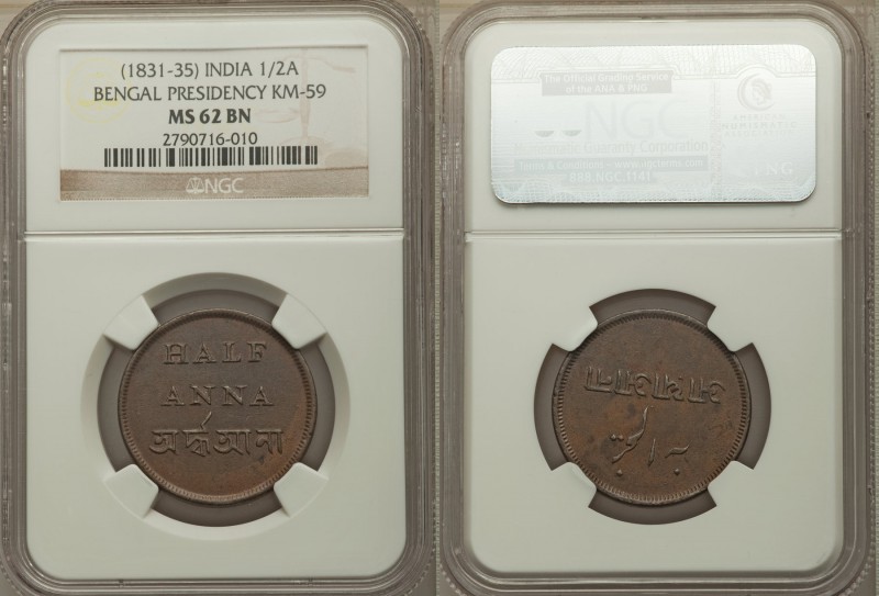 British India. Bengal Presidency 1/2 Anna ND (1831-1835) MS62 Brown NGC, KM59. A...