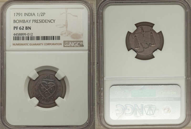 British India. Bombay Presidency Proof 1/2 Pice 1791 PR62 Brown NGC, KM192. A pl...