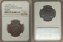 British India. Bombay Presidency Proof 1-1/2 Pice 1791 PR65 Brown NGC, KM195. Large scales, oblique milled edge. Exhibiting intensive device frosting ...