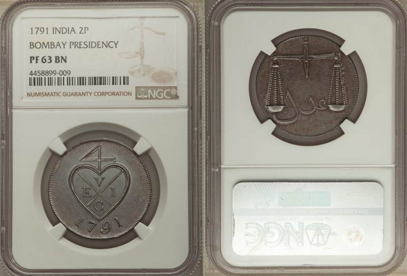 British India. Bombay Presidency Proof 2 Pice 1791 PR63 Brown NGC, KM196. Fully ...