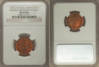 British India. Madras Presidency 2 Pies AH 1240 (1825) MS64 Red and Brown NGC, London mint, KM429. Delightfully rosaceous, the smallest notes of flatn...